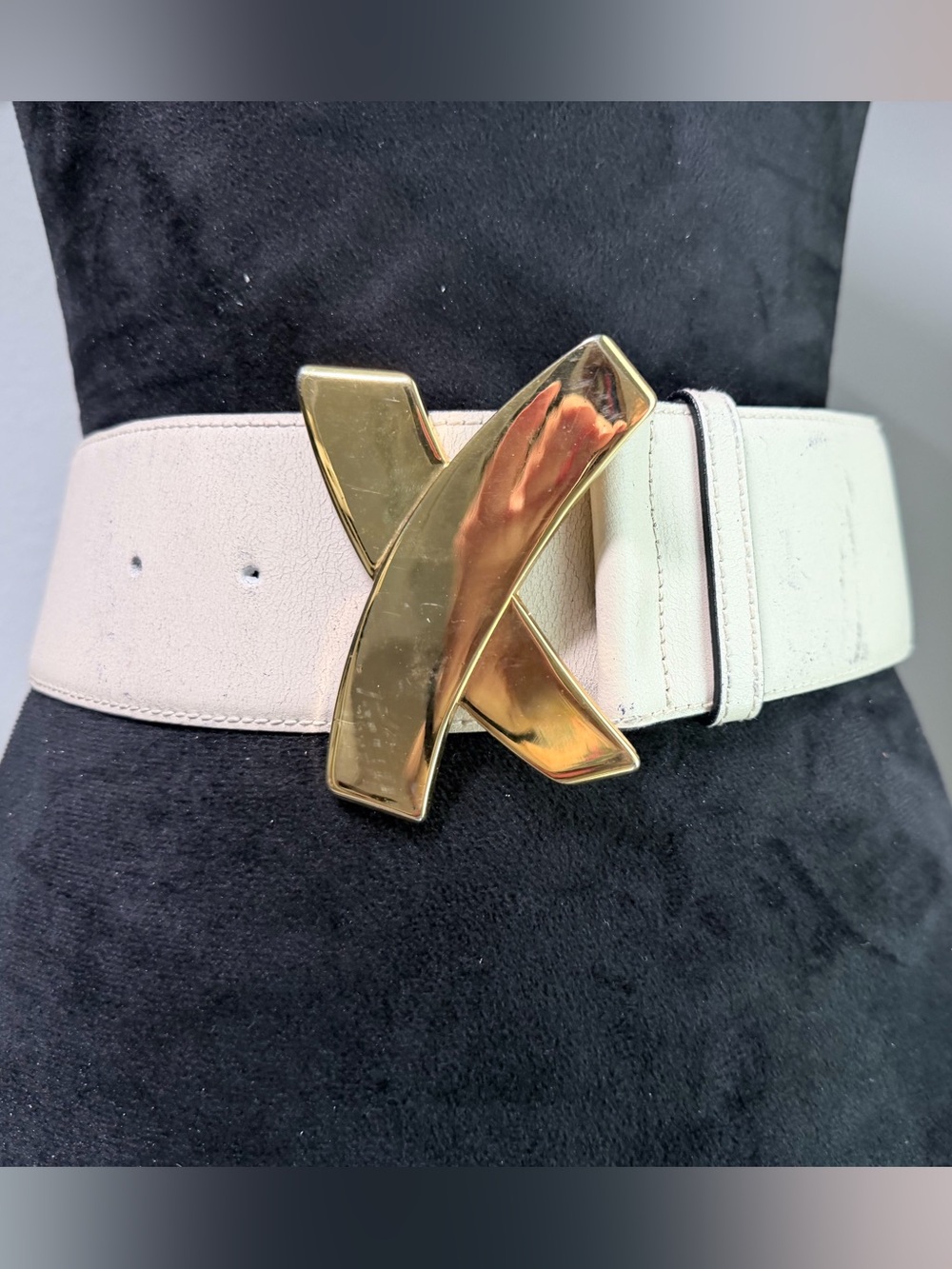 Vintage 80s Paloma Picasso Ivory Leather Belt Gold X Buckle Italy S/70